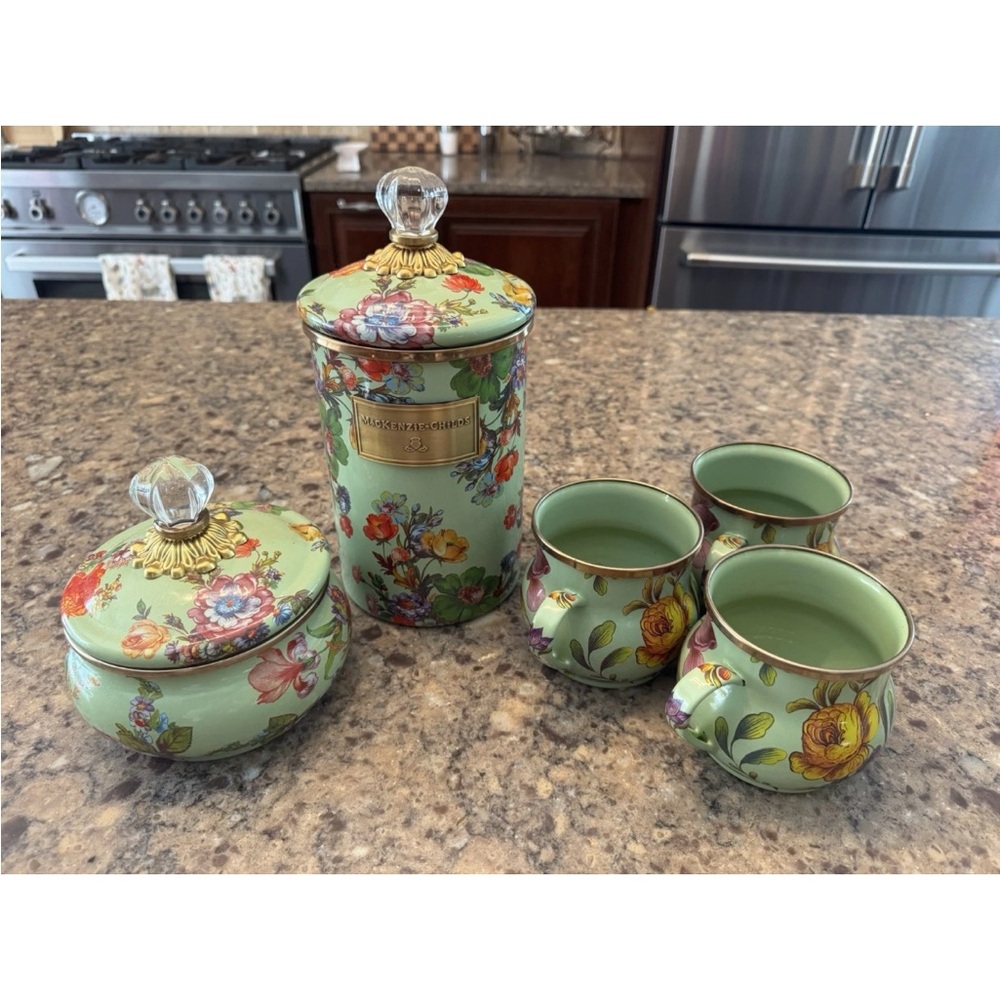 MacKenzie-Childs Floral Canister and Mugs Set - Green and Multicolor
